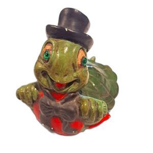 Vintage ceramic art turtle statue figurine with top hat and bow tie cottagecore